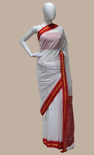 Red & White Kanjivaram Sari