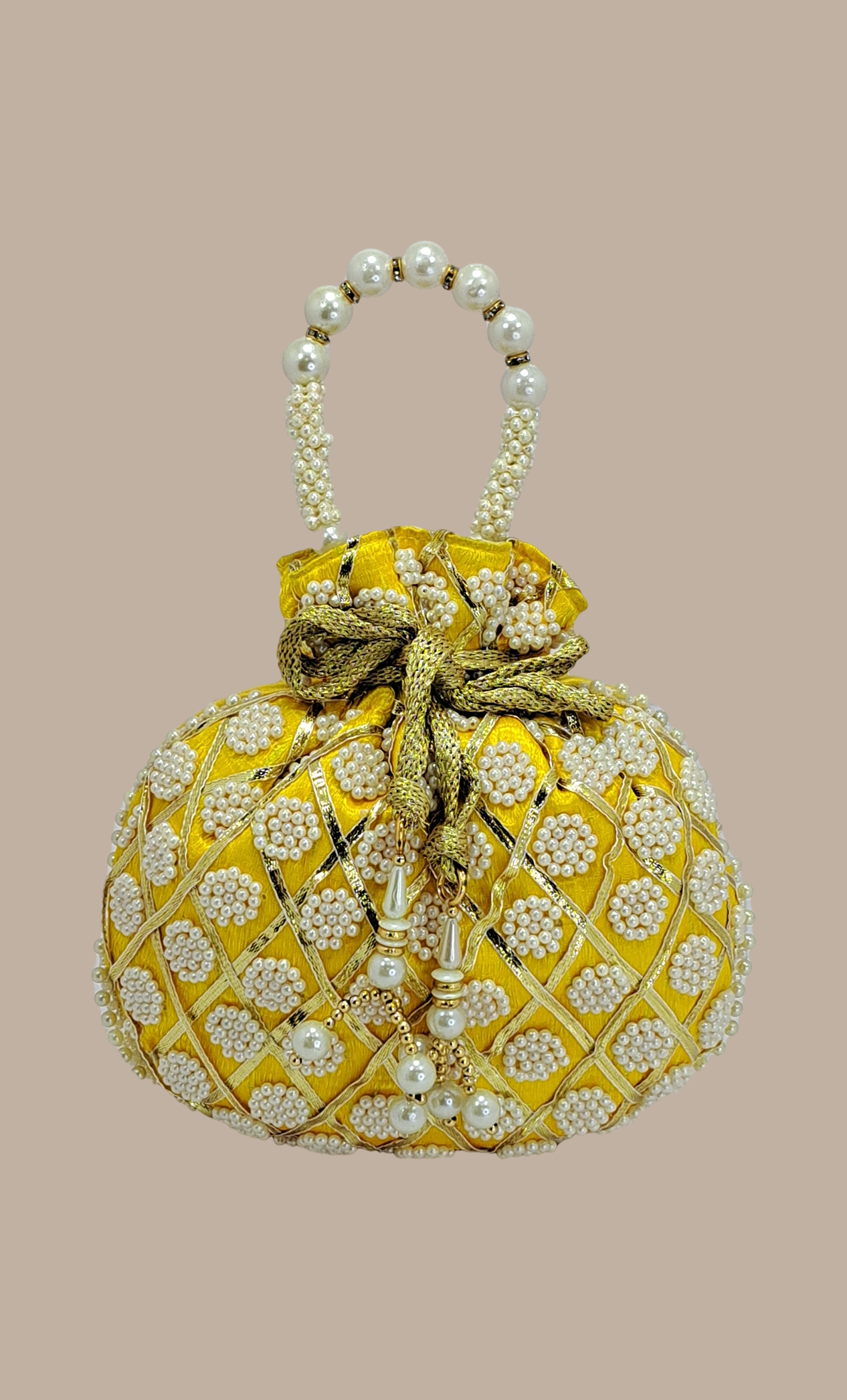Canary Yellow Pearl Embroidered Pouch Bag
