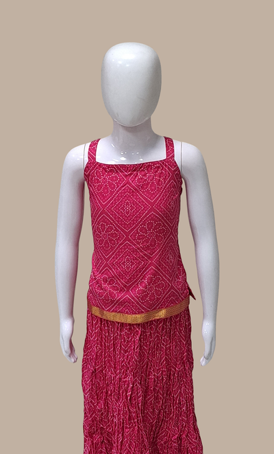 Cerise Bandhani Printed Kurti Top & Skirt Set