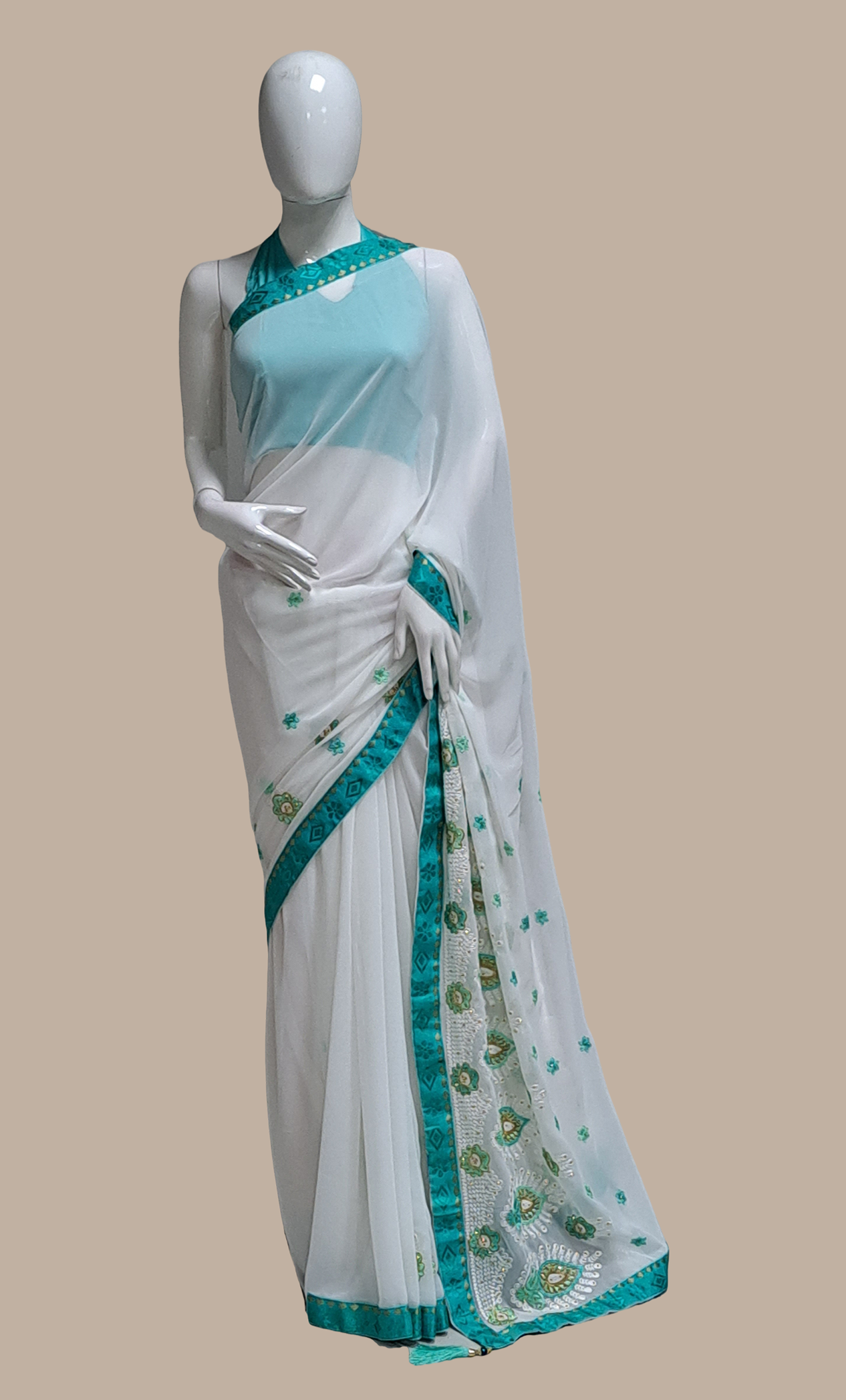 Aqua Blue Embroidered Sari