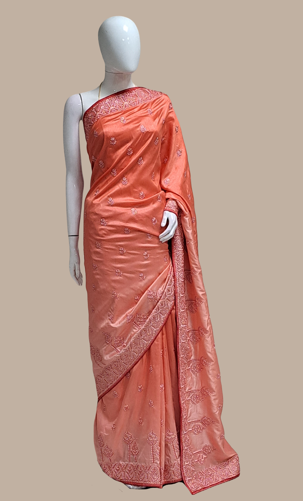 Deep Peach Embroidered Sari