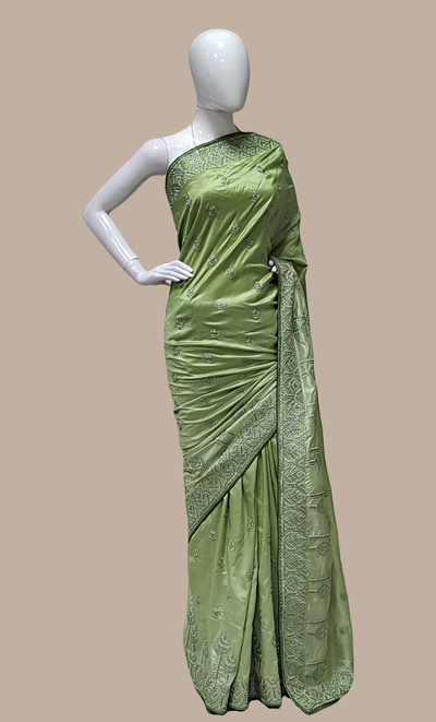 Soft Olive Green Embroidered Sari