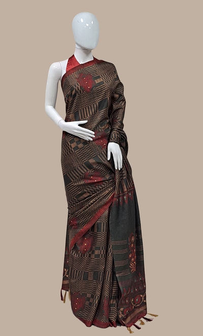 Charcoal Grey Printed Cotton Sari