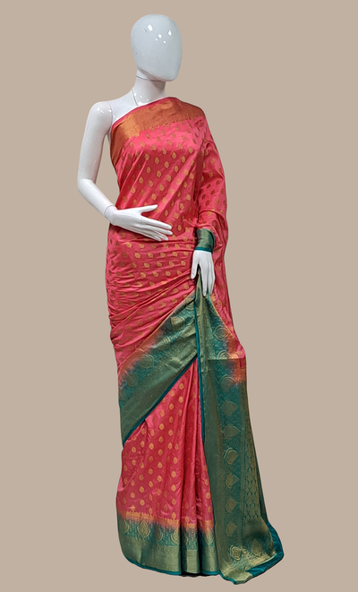 Deep Salmon Pink Woven Art Silk Sari