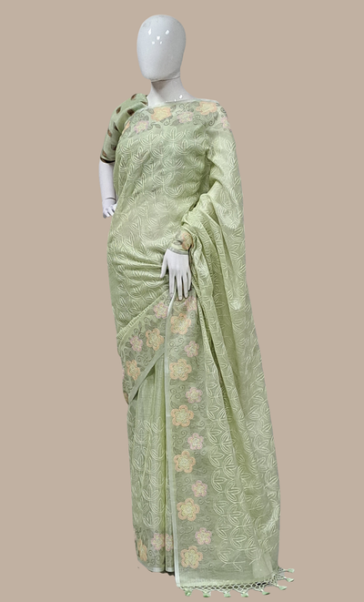 Soft Mint Embroidered Cotton Sari