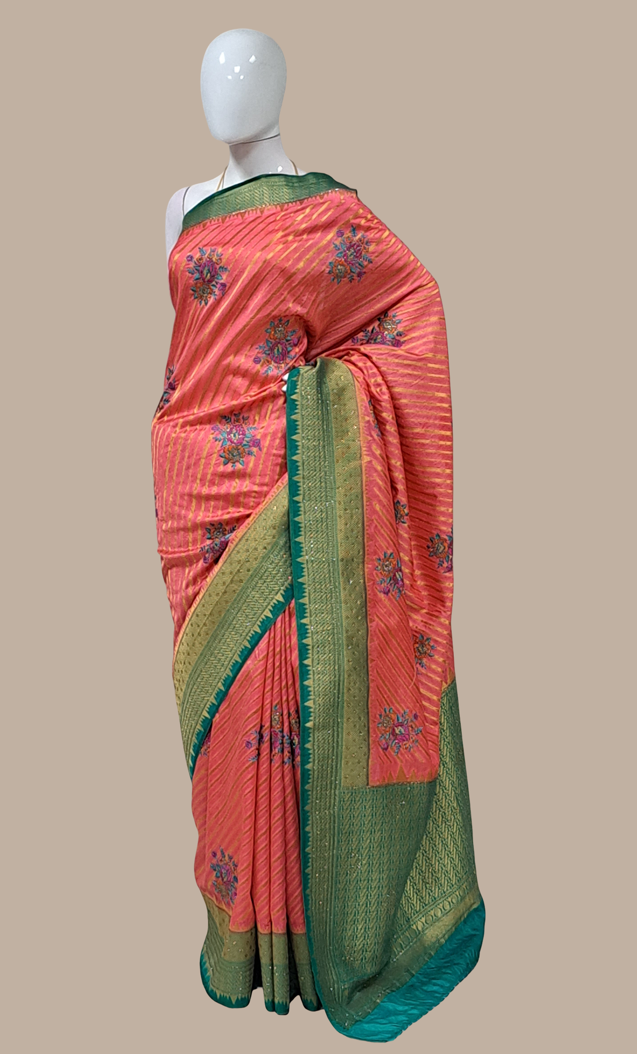 Deep Salmon Woven Art Silk Sari