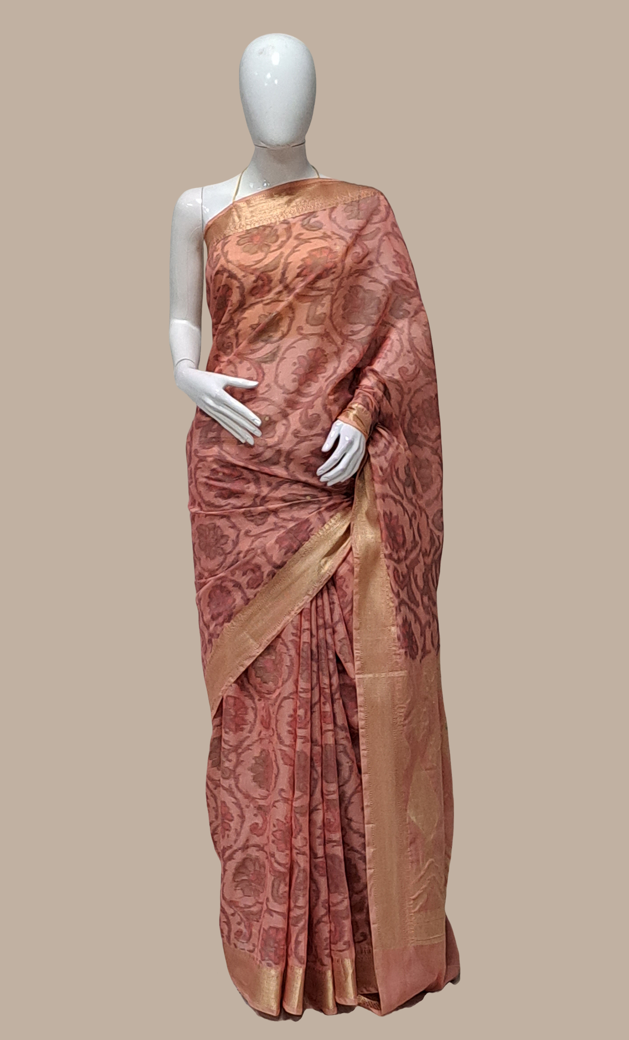 Soft Salmon Pink Printed Cotton Sari