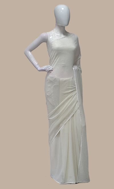 Off White Sequin Embroidered Sari