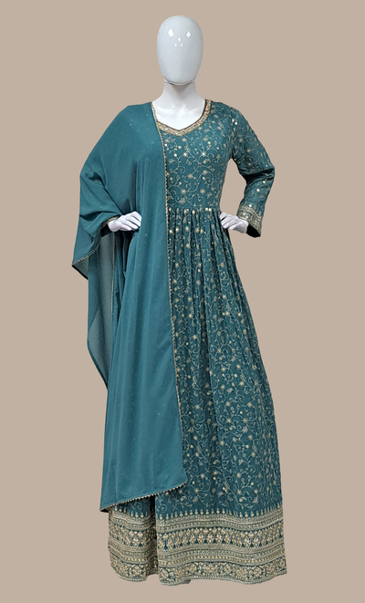 Dark Sea Green Sequin Embroidered Gown