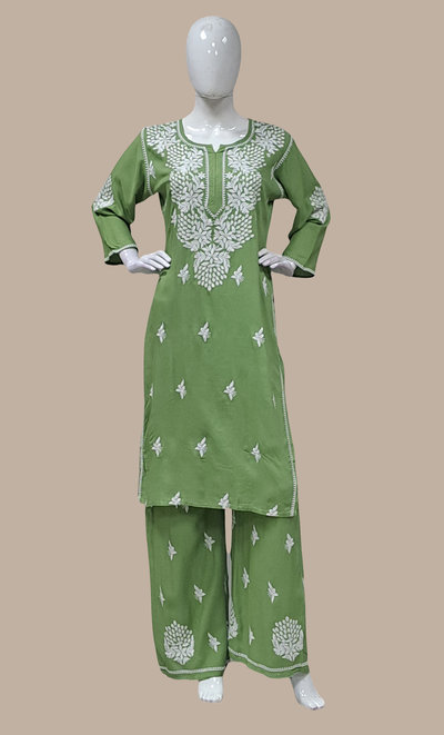 Olive Green Embroidered Kurti Top & Pants
