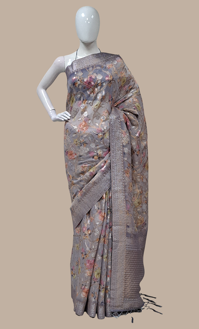 Soft Grey Printed Cotton Sari