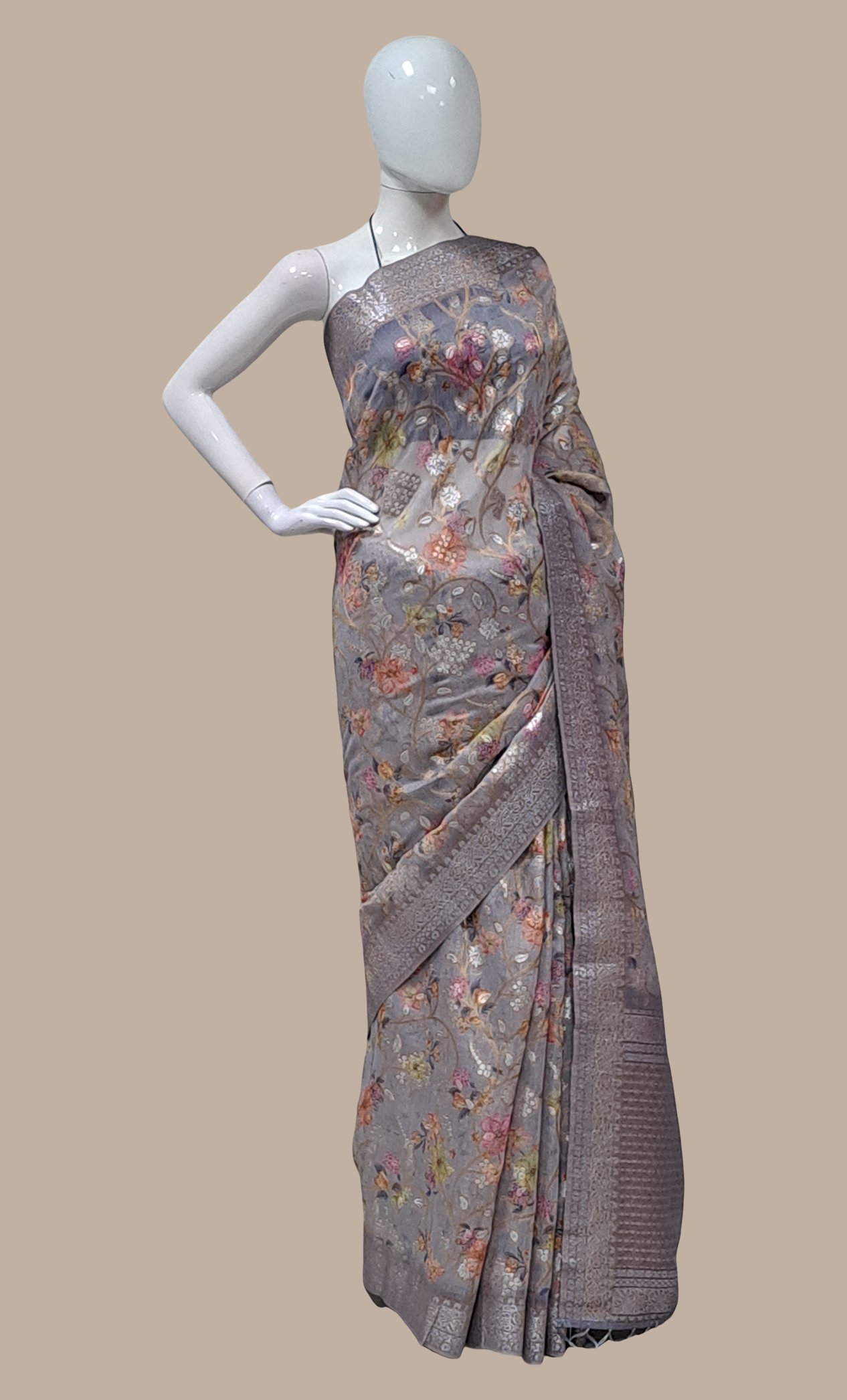 Soft Grey Printed Cotton Sari
