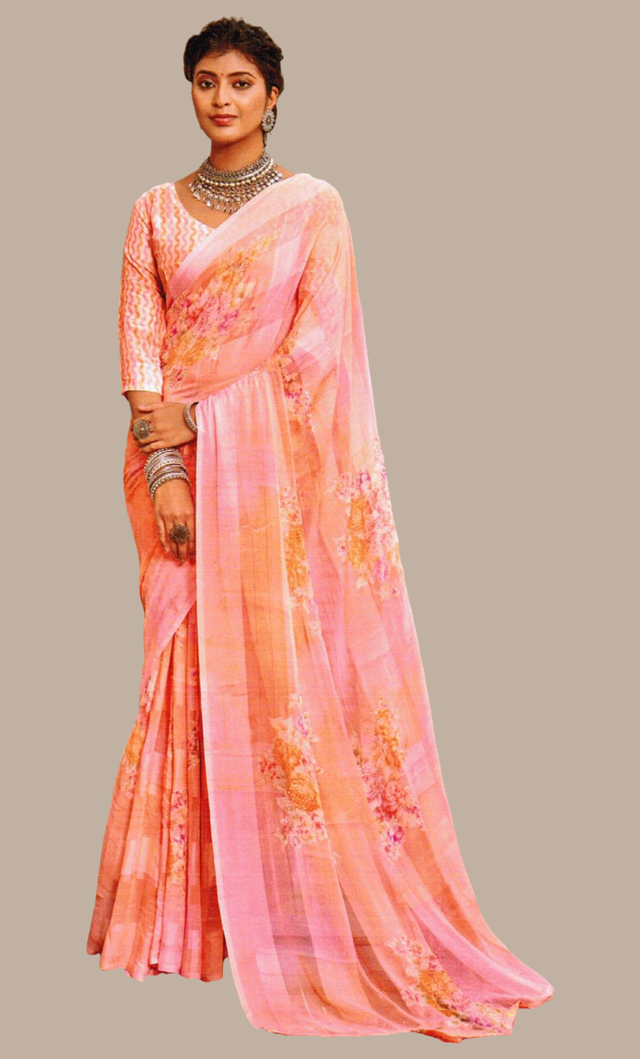 Light Orange Floral Printed Sari