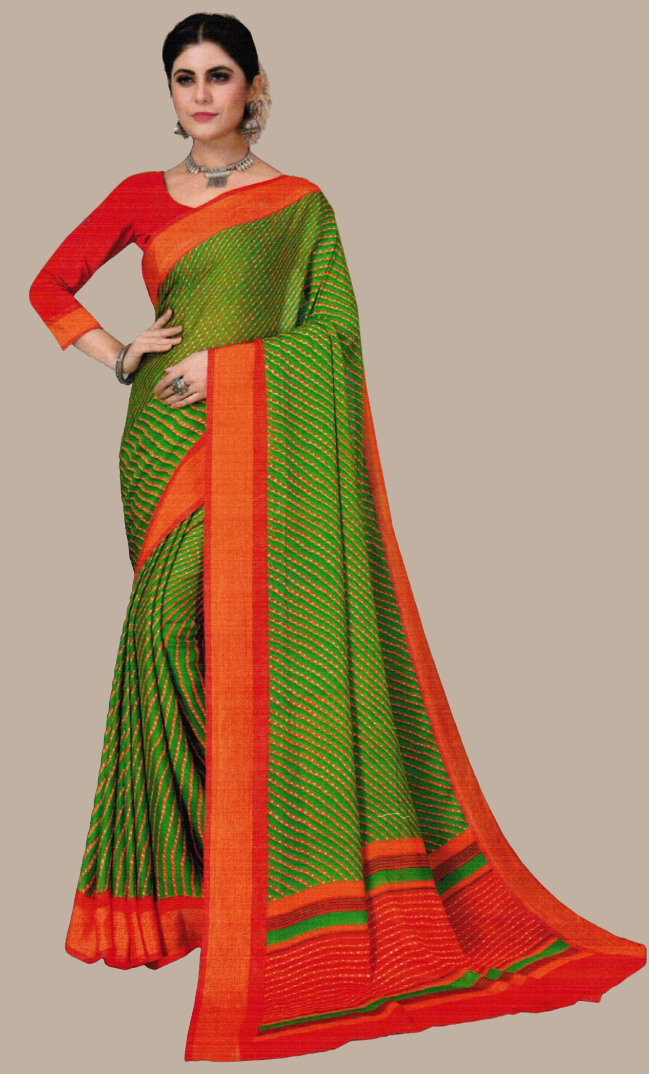 Bright Green Striped Printed Sari