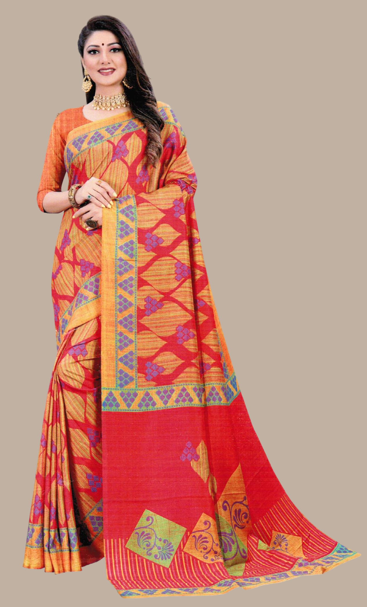 Coral Printed Cotton Sari