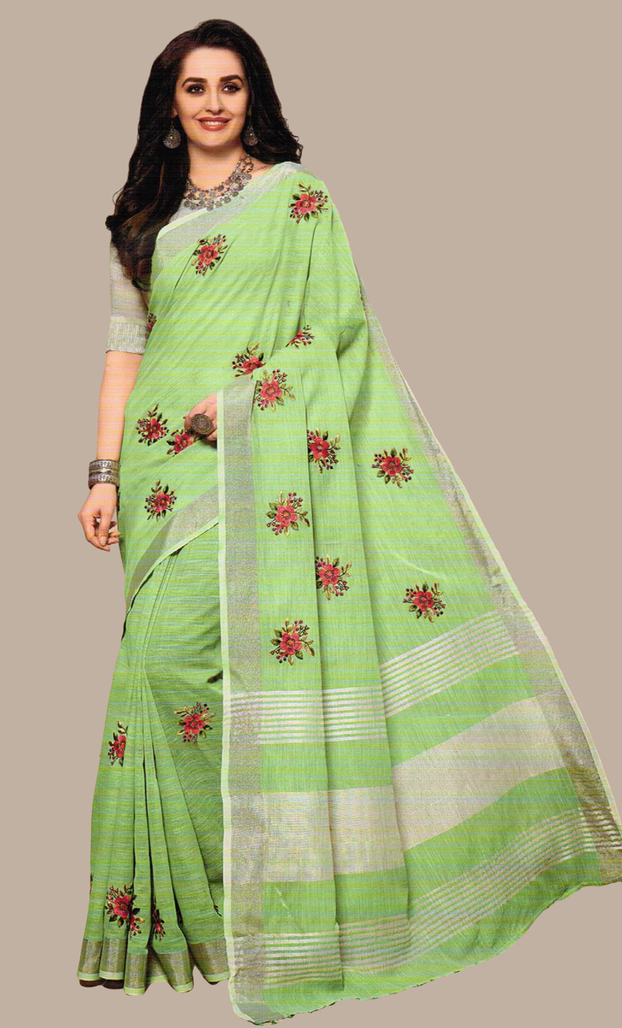 Lime Green Embroidered Linen Sari