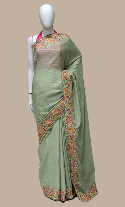Deep Mint Green Embroidered Sari