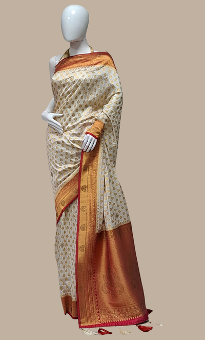 Off White Woven Art Silk Sari