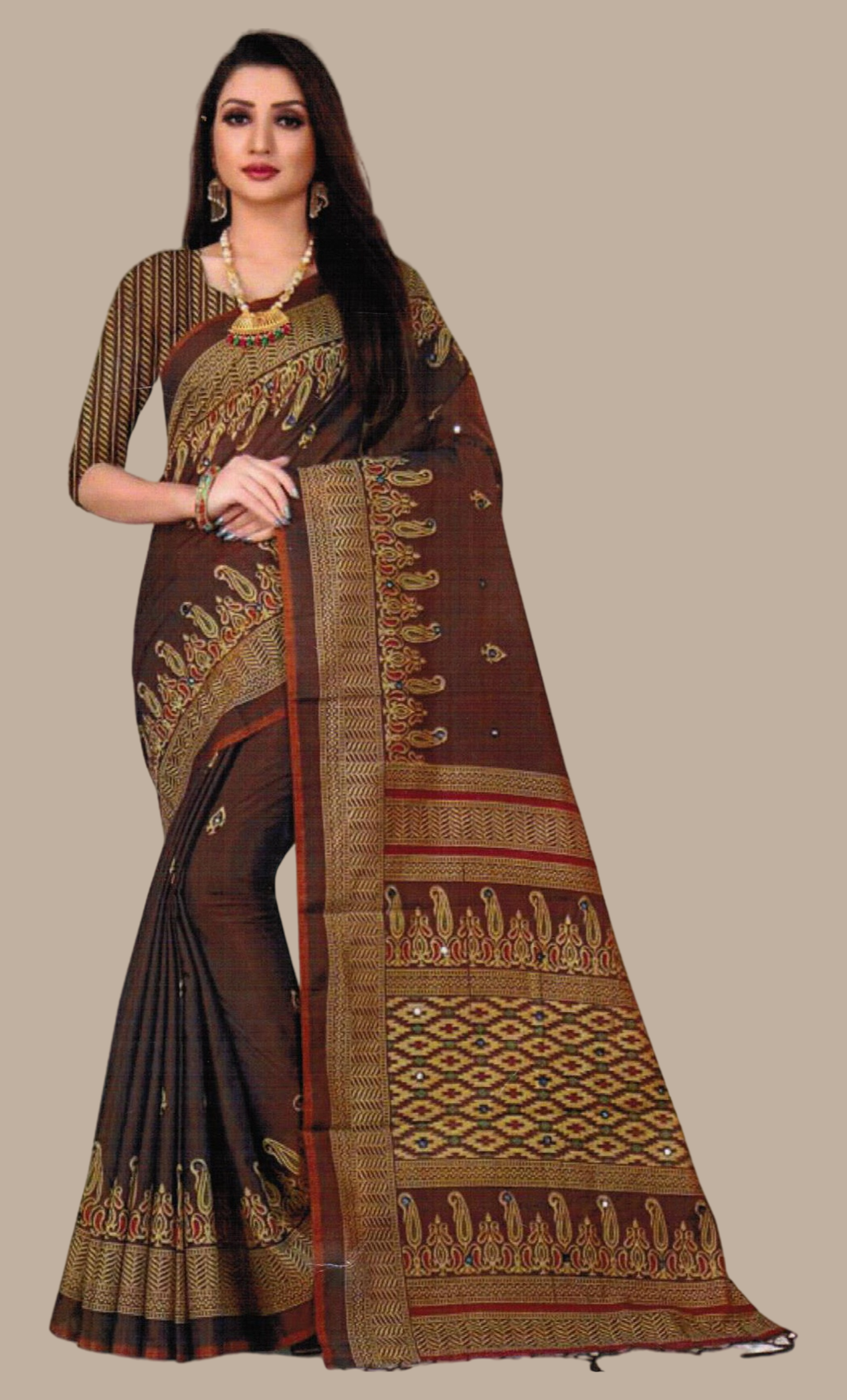 Chocolate Brown Printed Sari