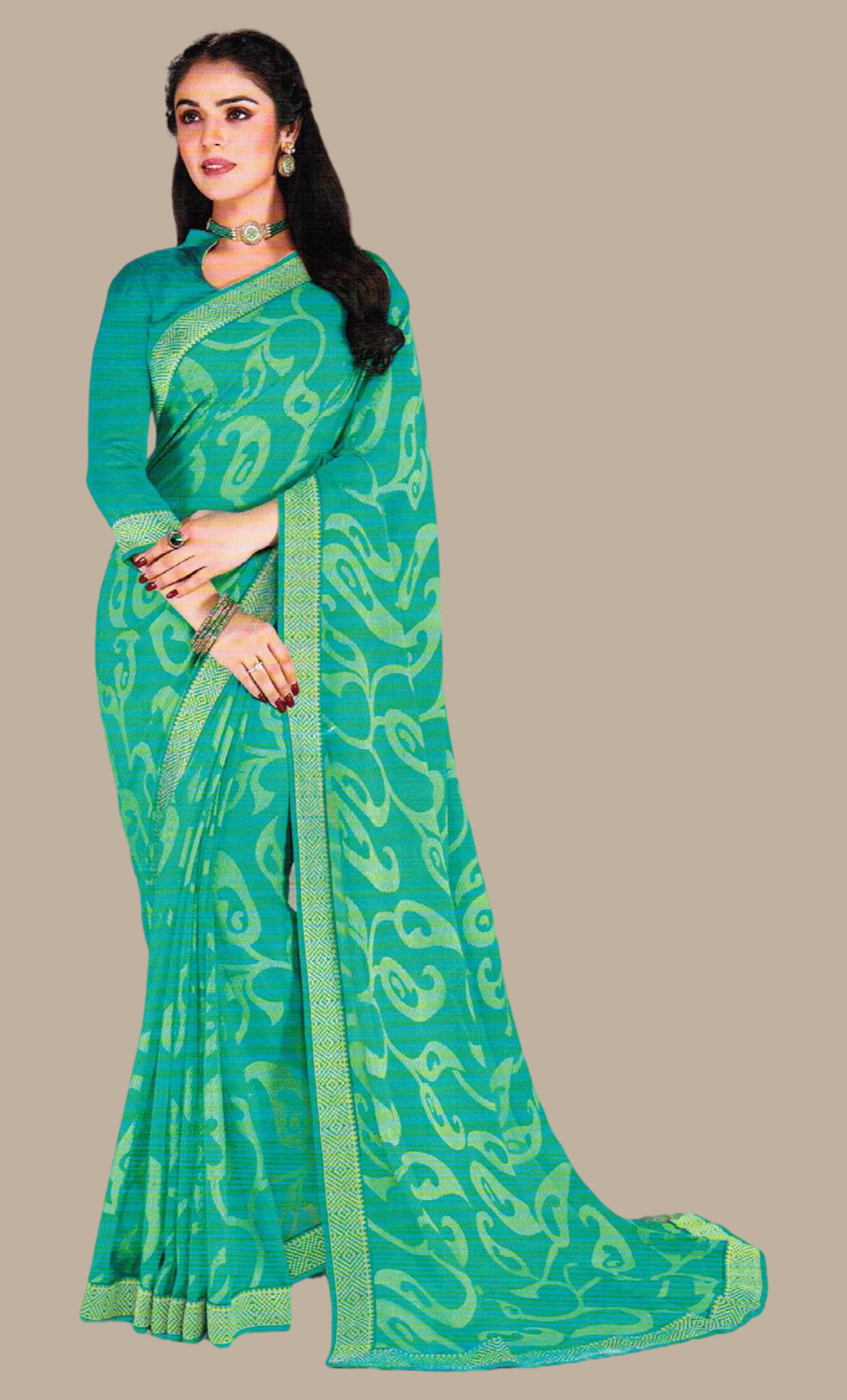 Teal Green Embroidered Cotton Sari