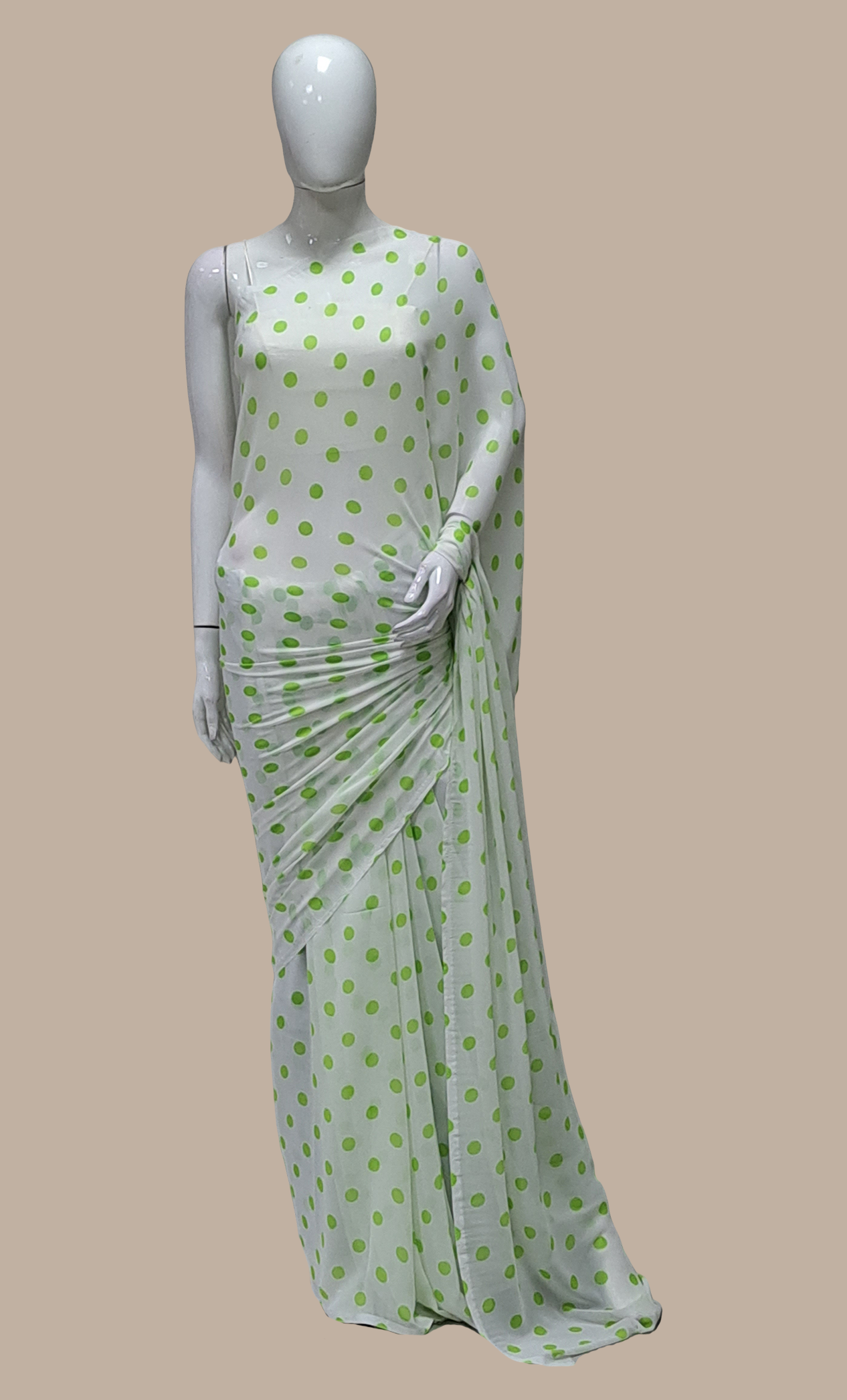 Lime Green Polka Dot Printed Sari