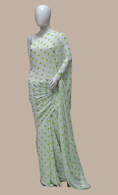 Lime Green Polka Dot Printed Sari