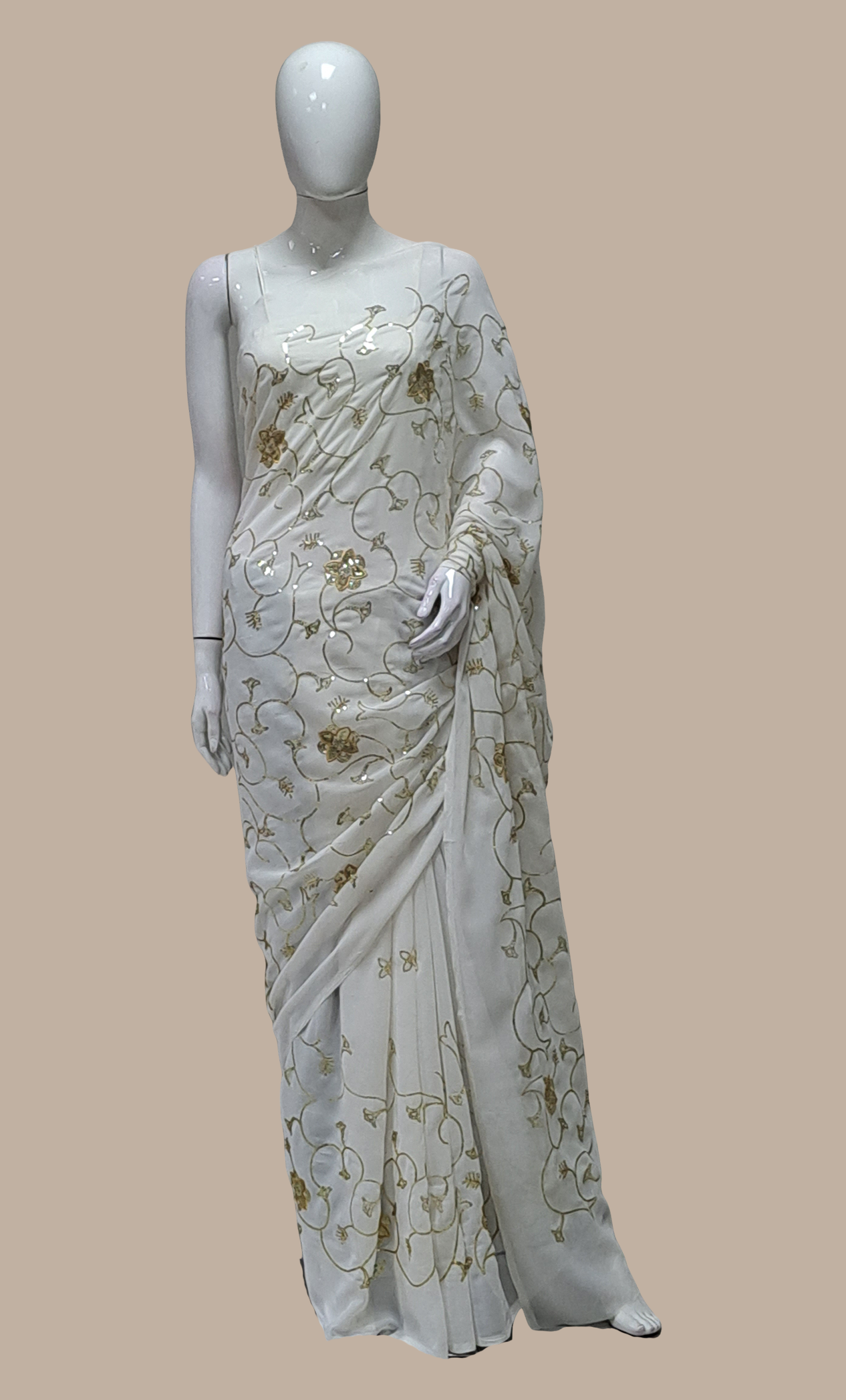 White Sequence Embroidered Prayer Sari