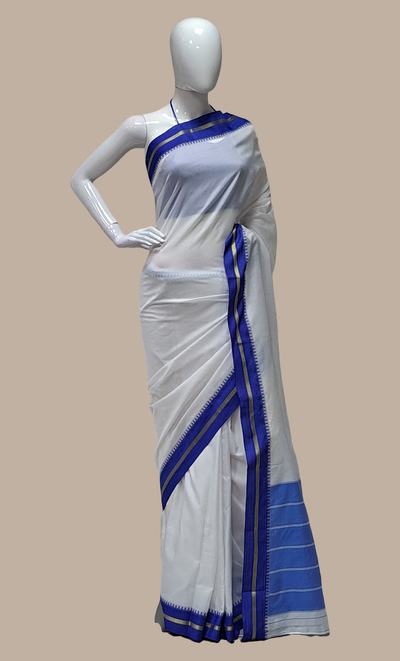 Royal Blue & White Kanjivaram Sari