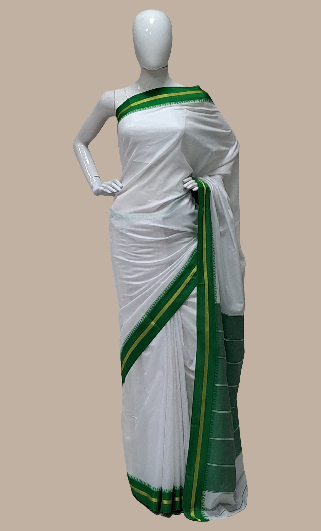 Green & White Kanjivaram Sari