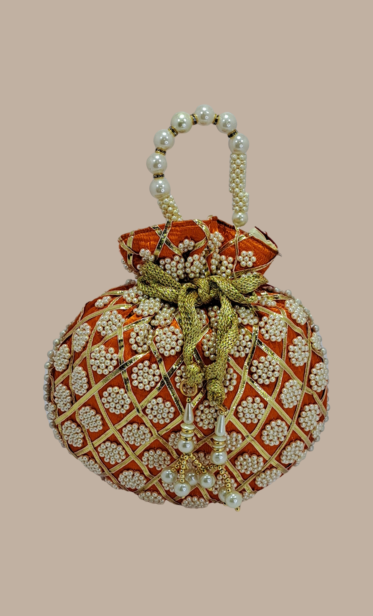 Orange Pearl Embroidered Pouch Bag