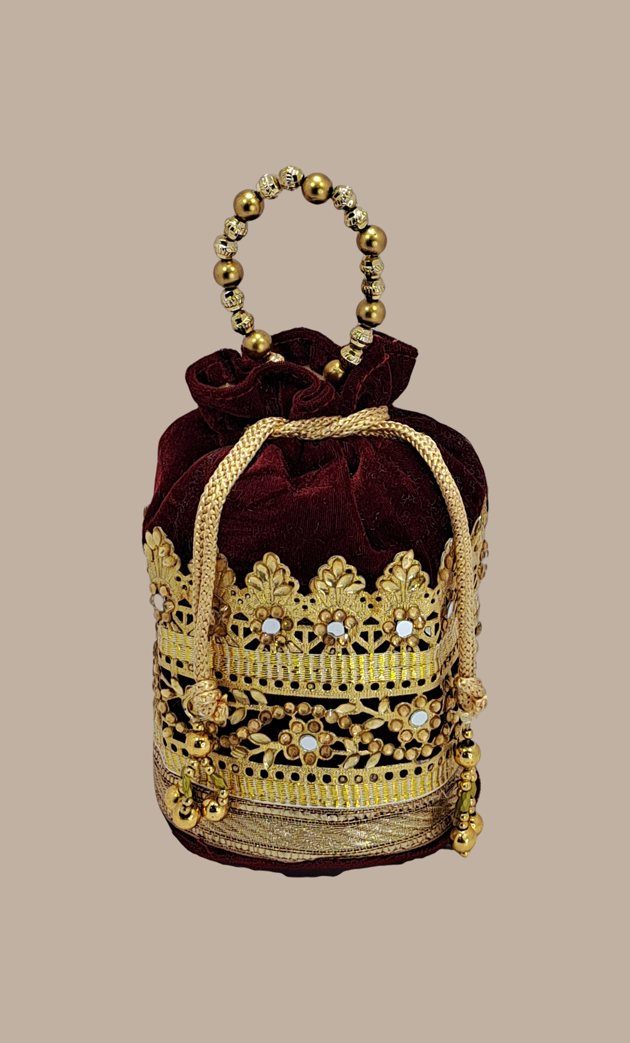 Deep Maroon Velvet Embroidered Pouch Bag