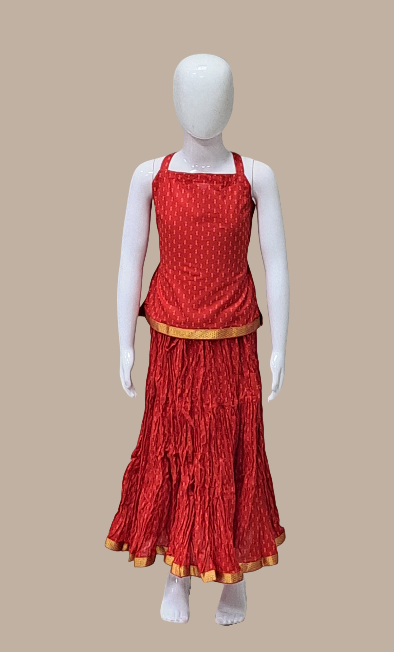 Red Bandhani Printed Kurti Top & Skirt Set