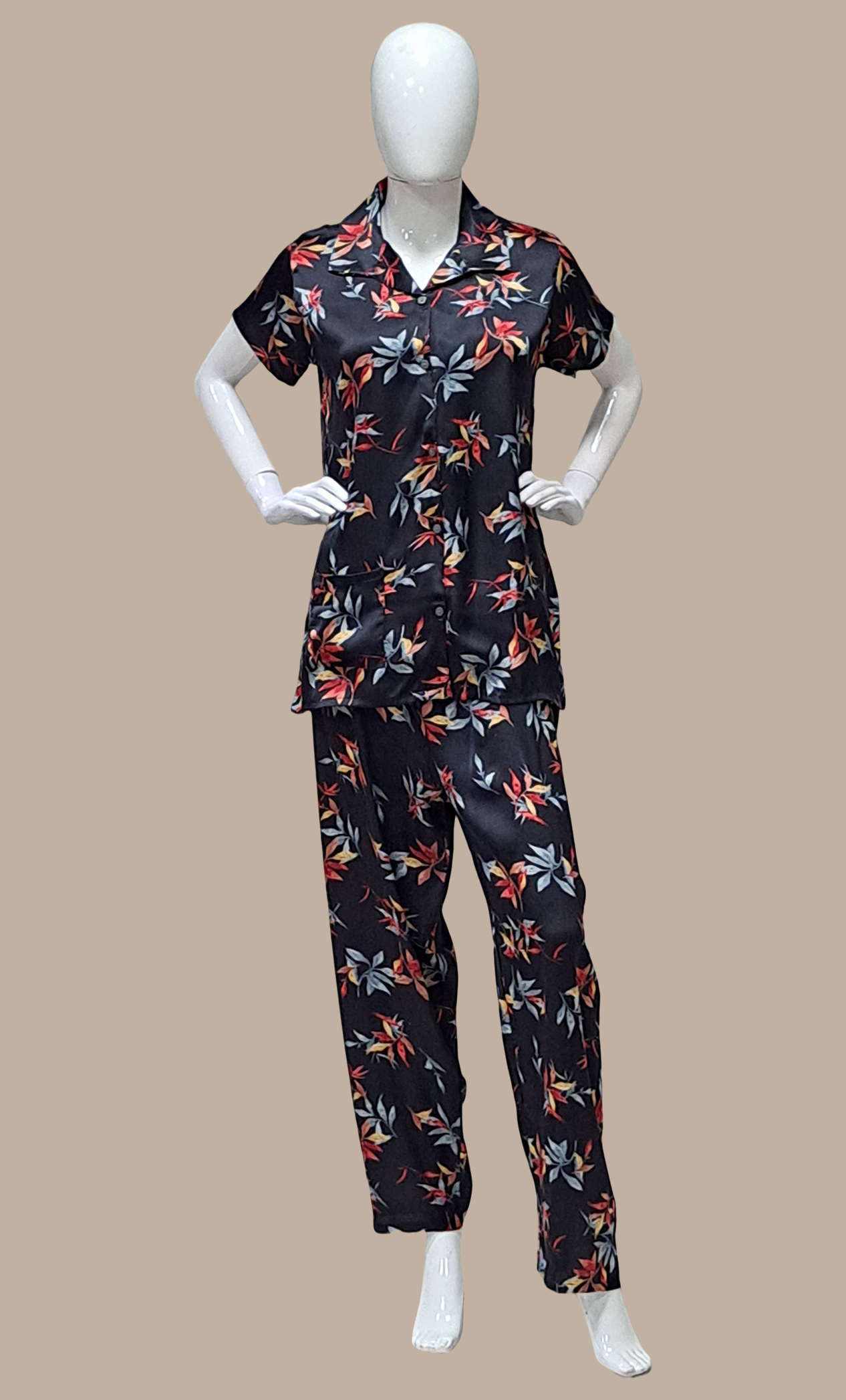 Black Printed Satin Leisure Set