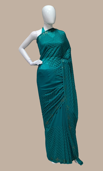 Teal Green Sequin Embroidered Sari