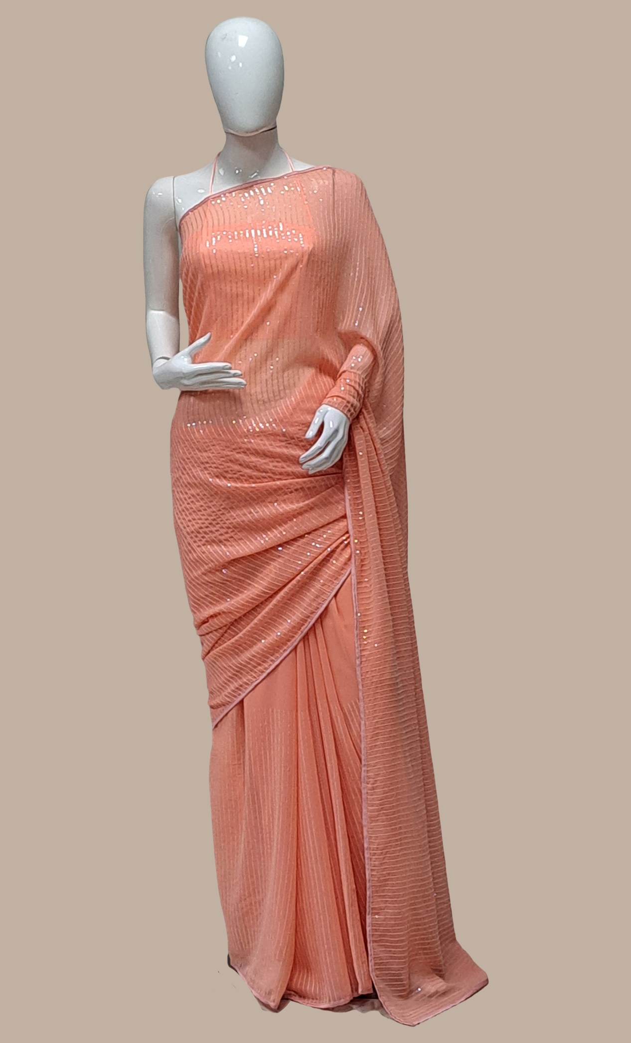 Peach Sequin Embroidered Sari