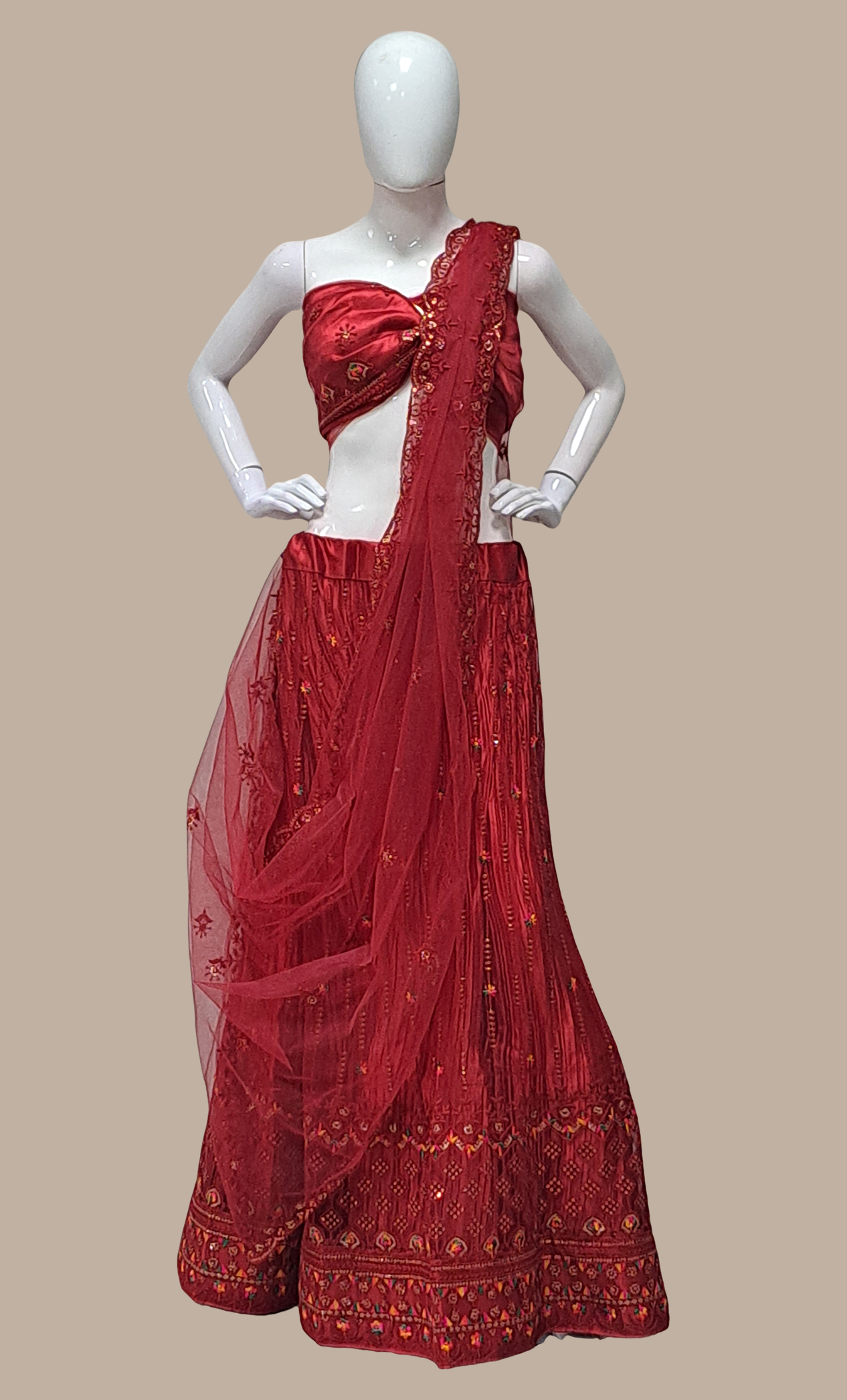 Dark Red Embroidered Lengha