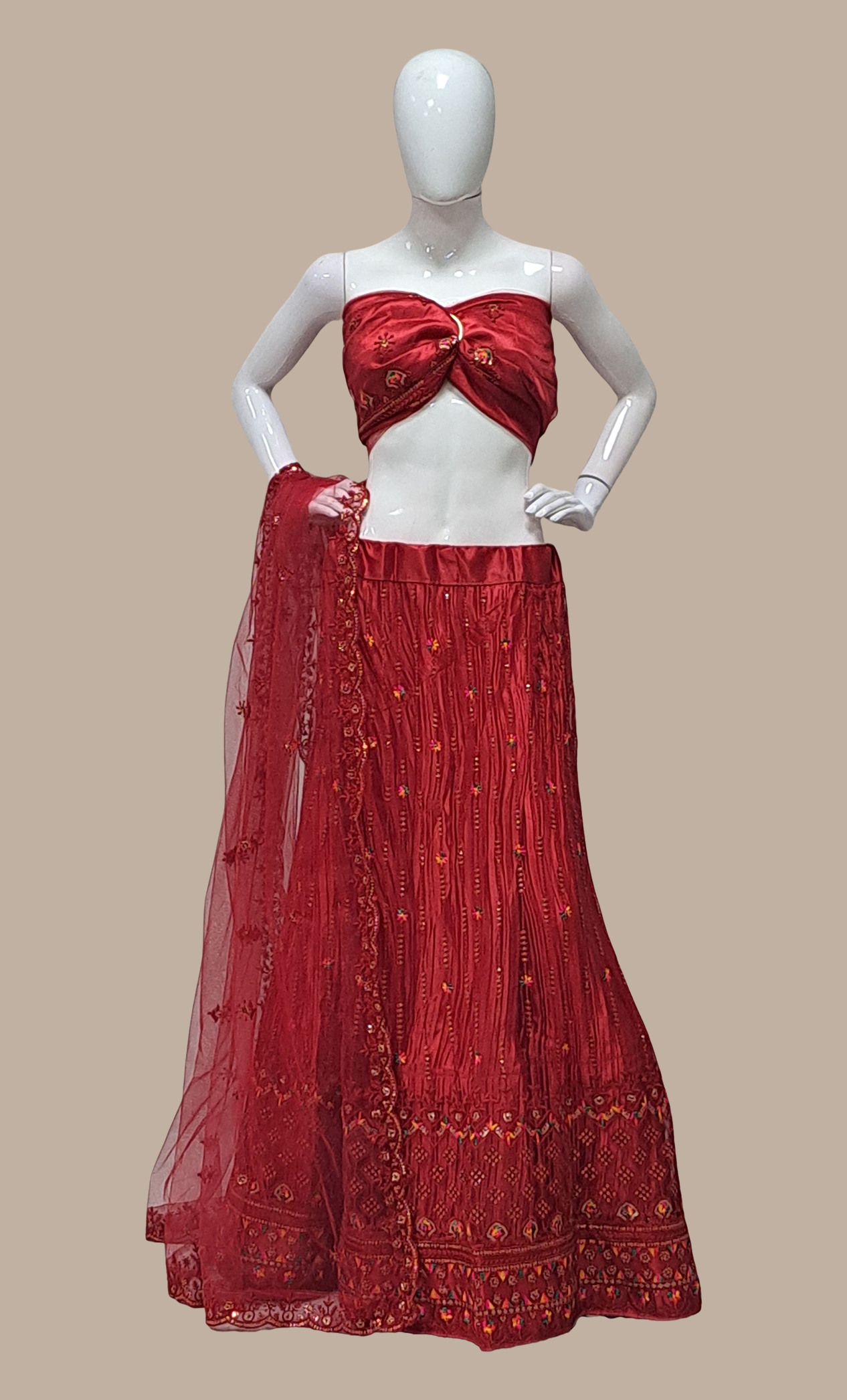 Dark Red Embroidered Lengha