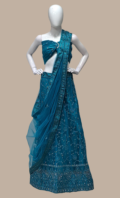 Deep Turquoise Embroidered Lengha