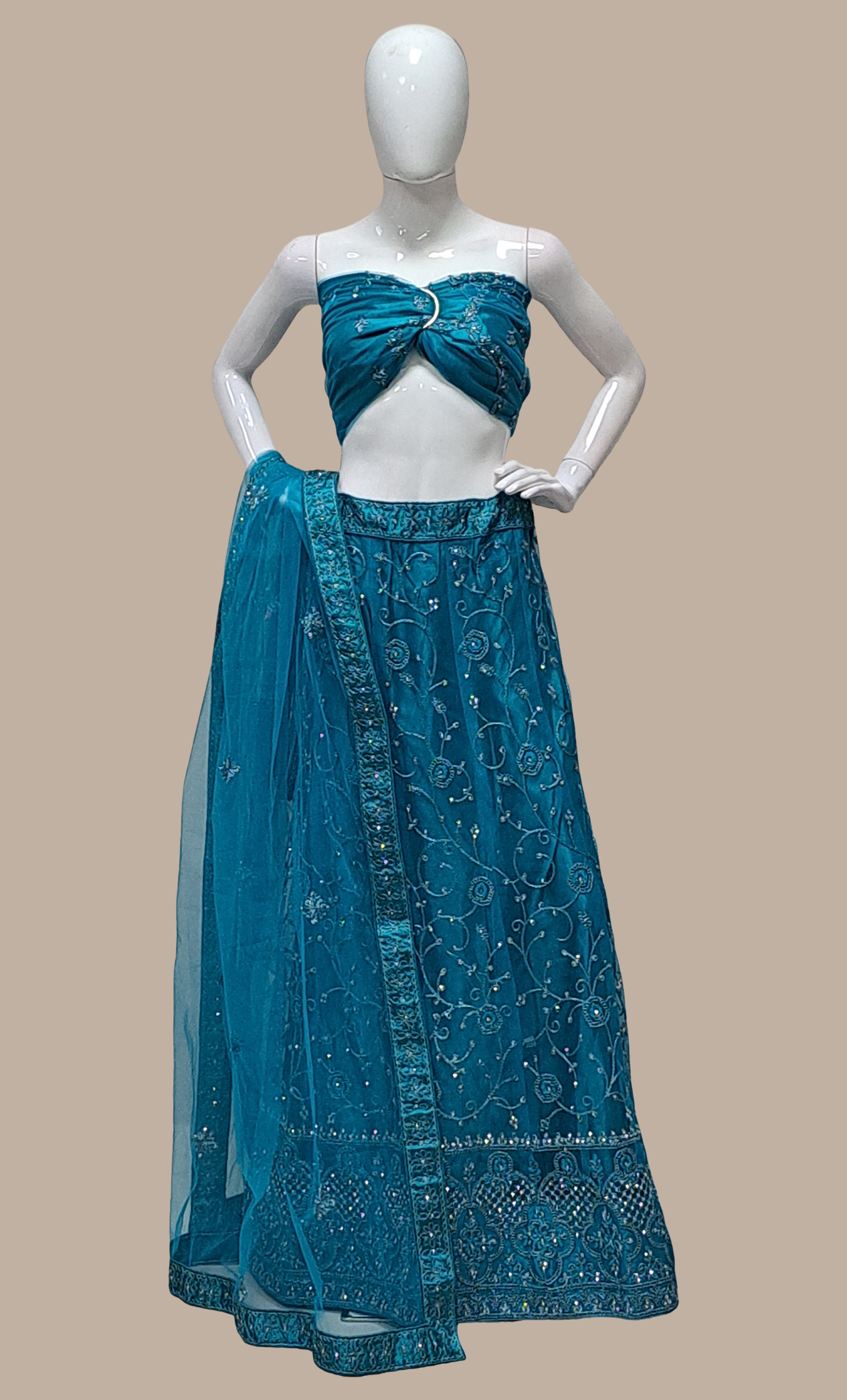 Deep Turquoise Embroidered Lengha