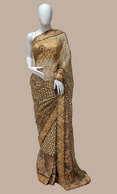 Deep Khaki Embroidered Sari