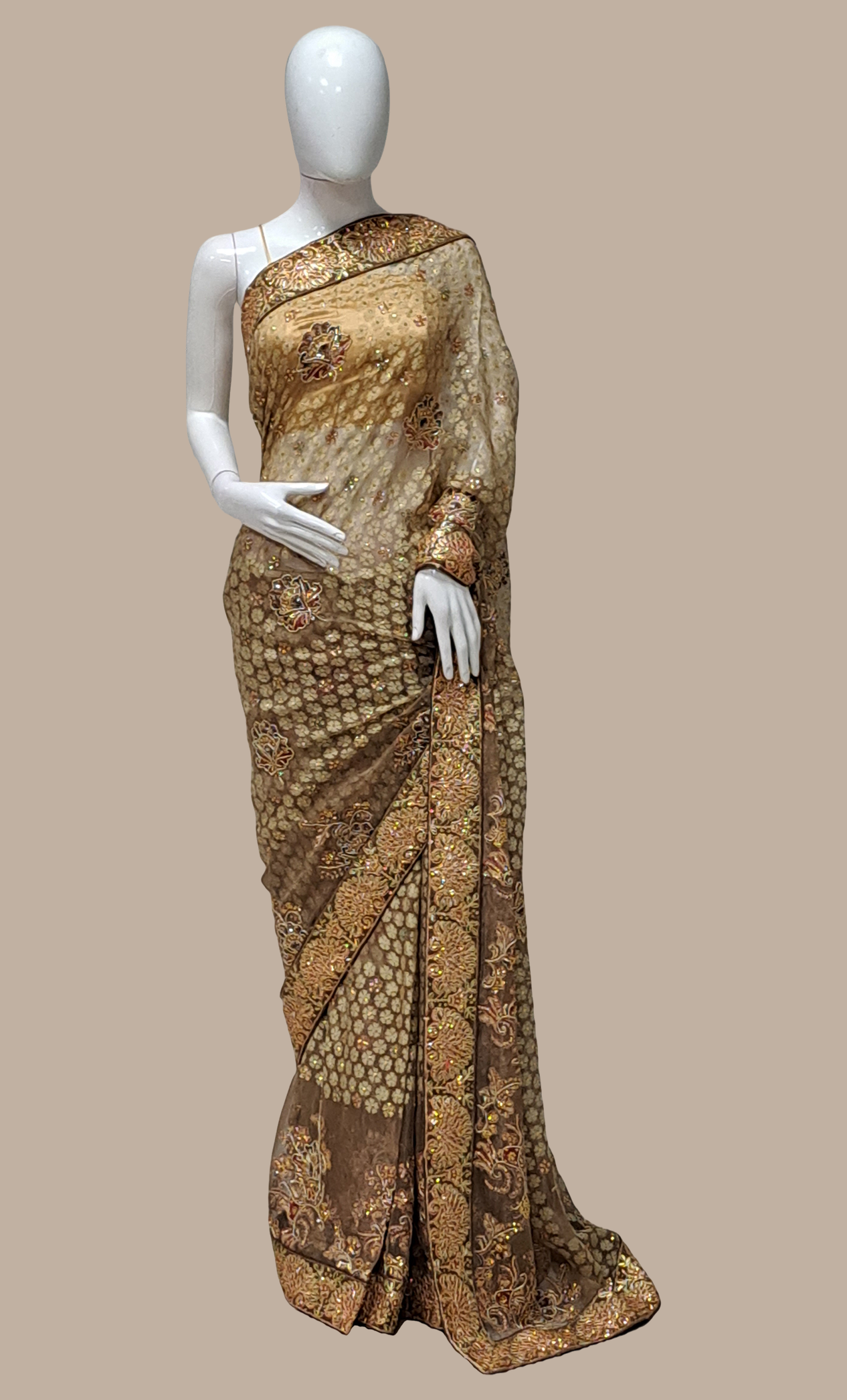 Deep Khaki Embroidered Sari
