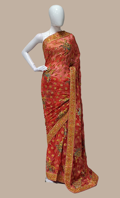 Deep Coral Embroidered Sari