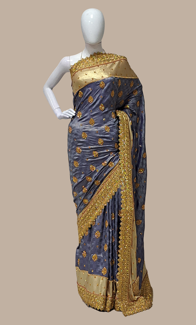 Blue Grey Embroidered Sari