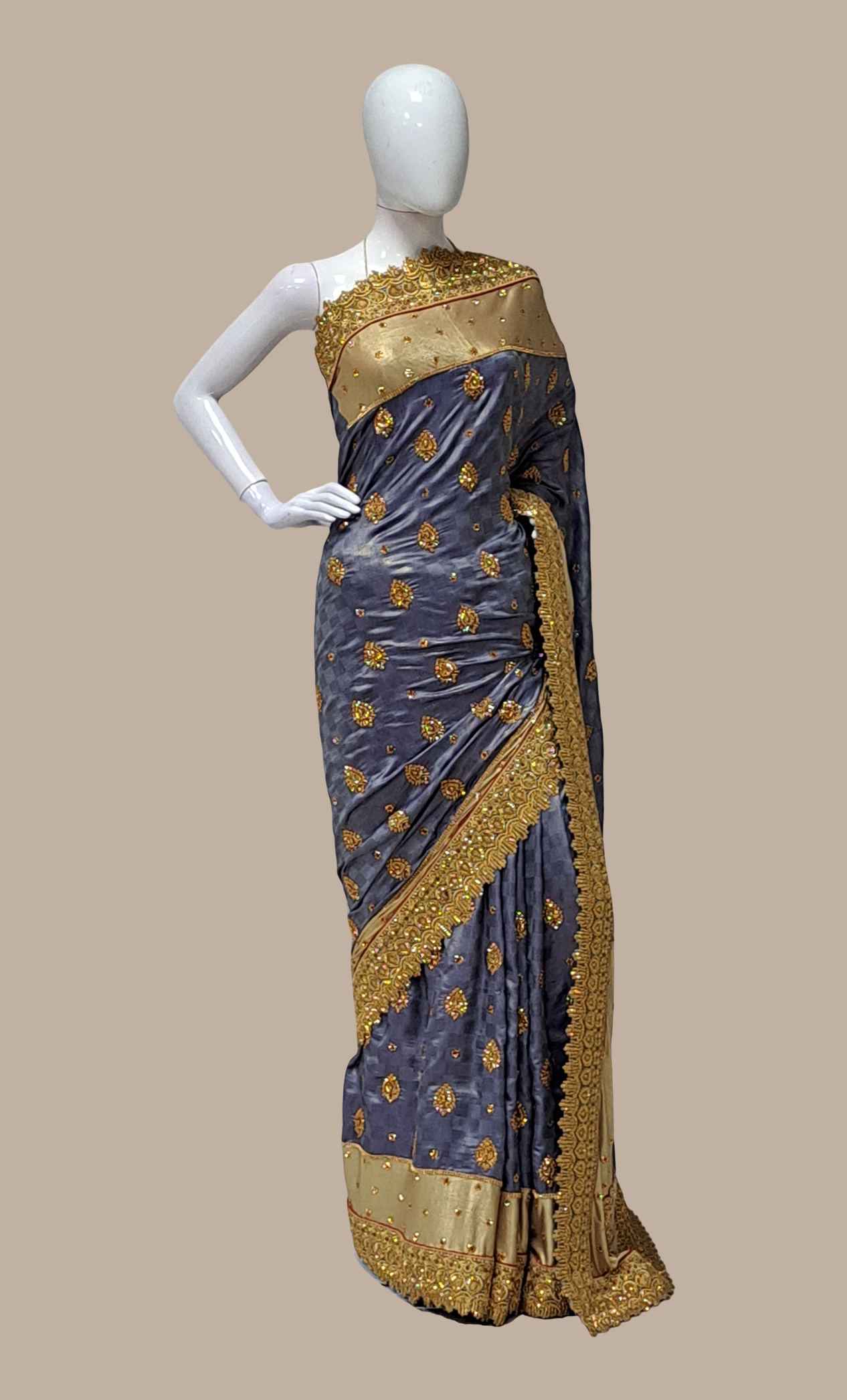 Blue Grey Embroidered Sari