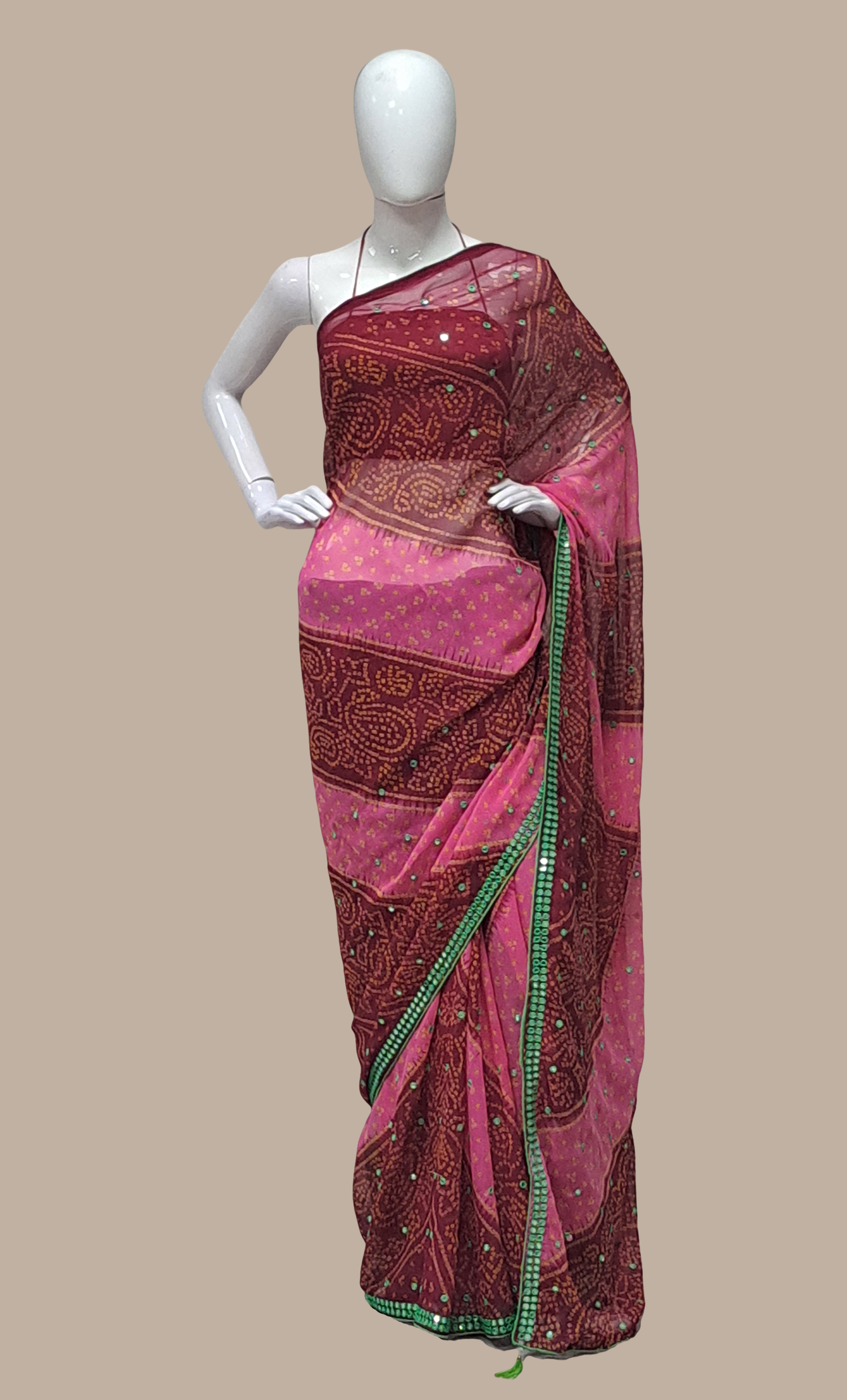 Burgundy Bandhani Printed Sari