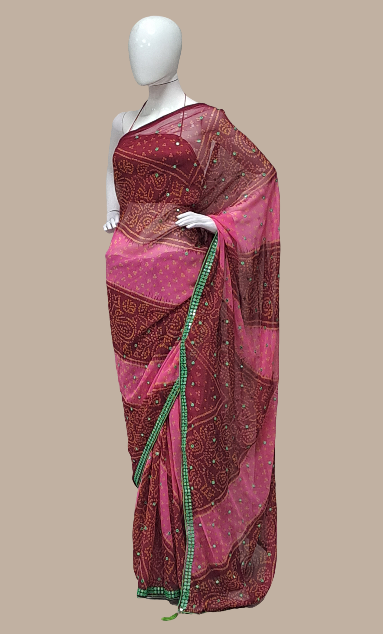 Burgundy Bandhani Printed Sari
