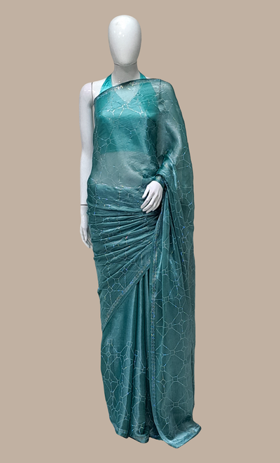 Pale Aqua Embroidered Sari