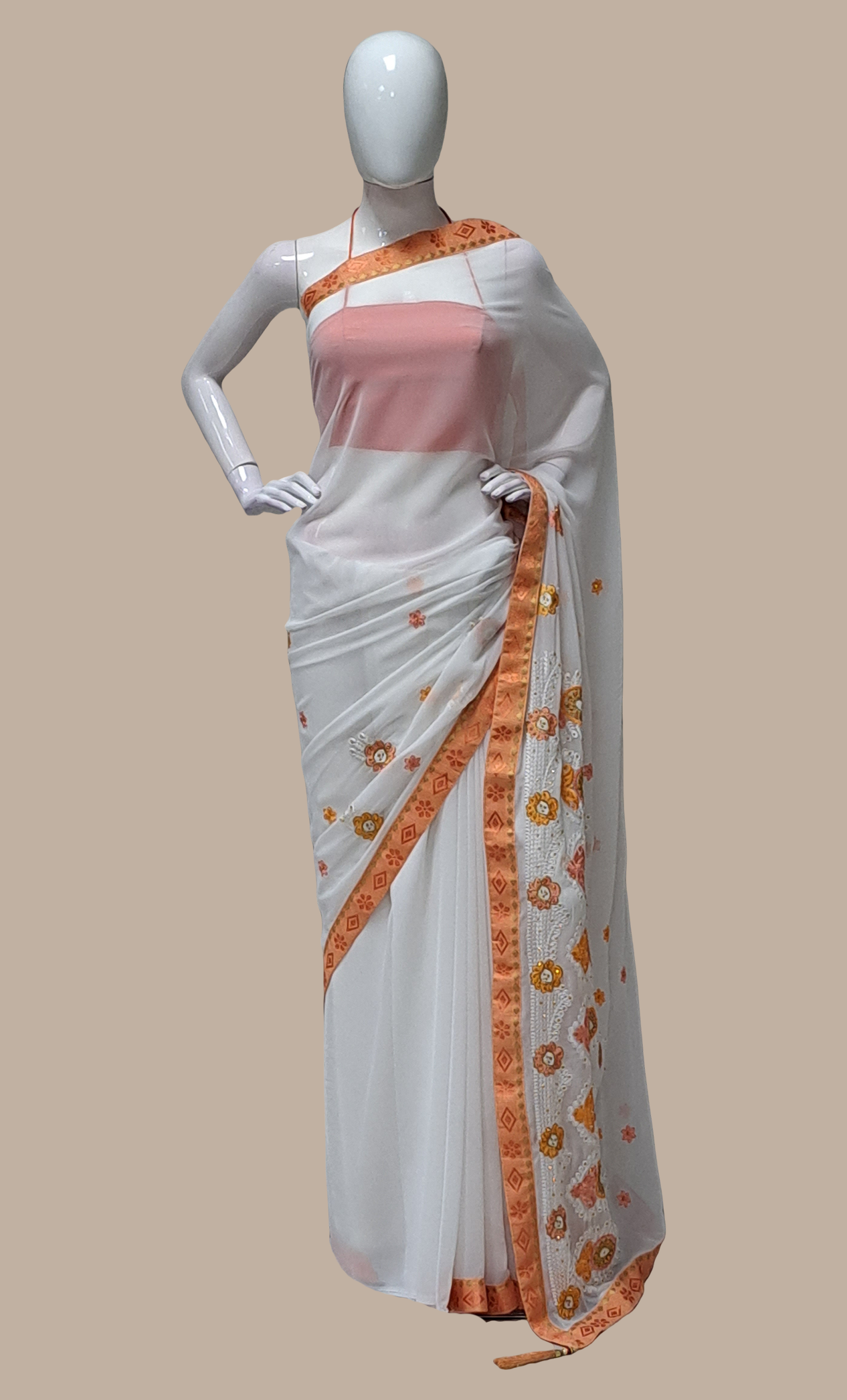 Peach Embroidered Sari