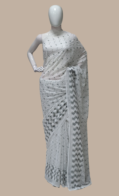 Grey Cotton Embroidered Sari