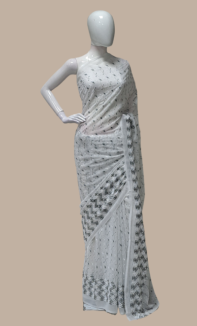 Grey Cotton Embroidered Sari